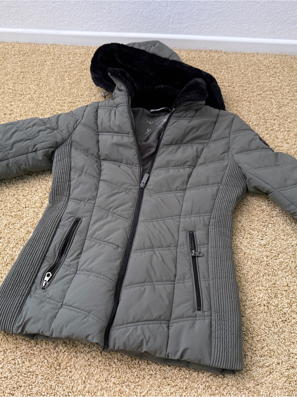 Nautica Olive Puffer Jacket with Black Faux Fur Hood Lining